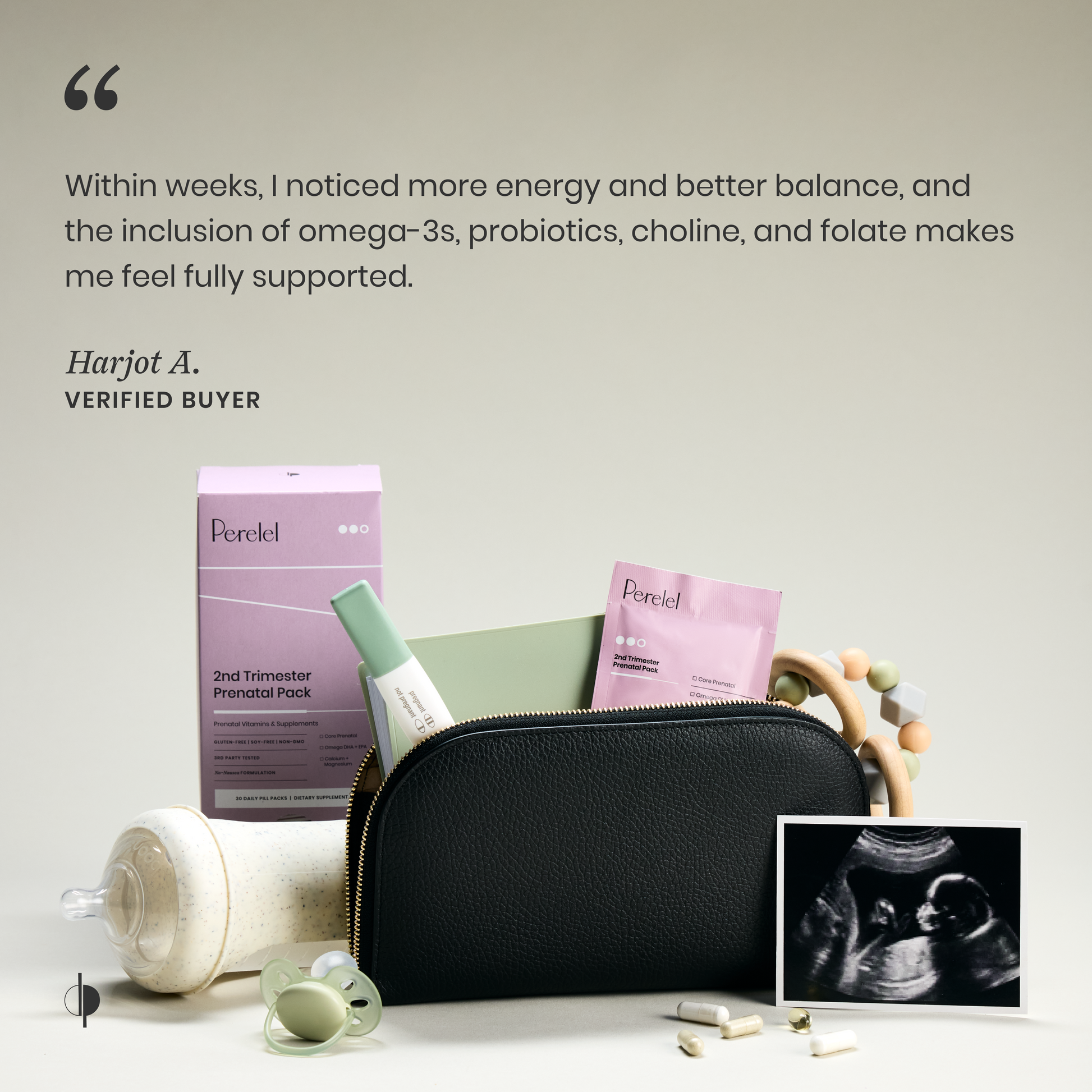 Pregnancy care products including a box labeled 'perelel' and an ultrasound photo on a neutral background.