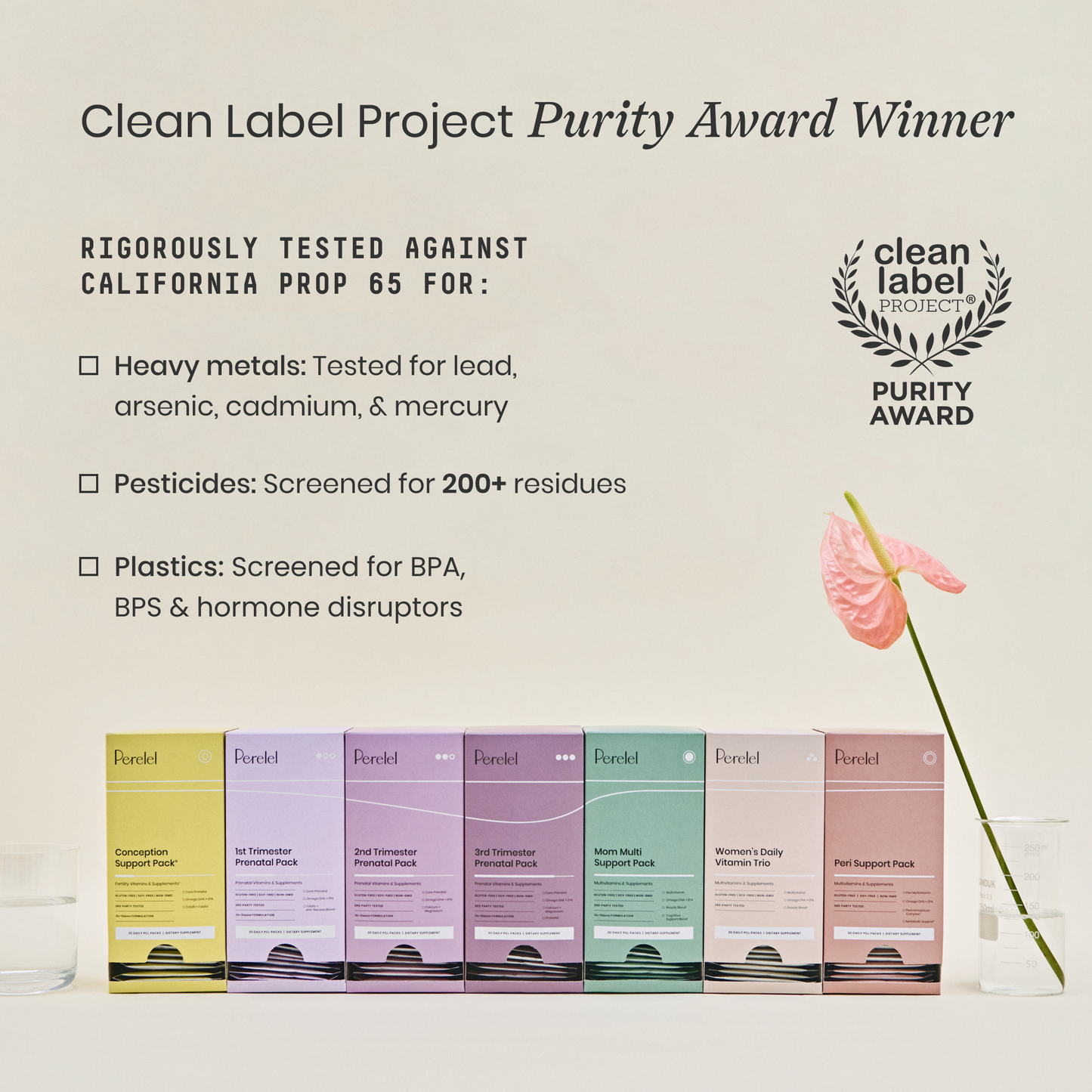 Seven colorful packs on tan background with text callout "Clean Label Project Purity Award Winner"