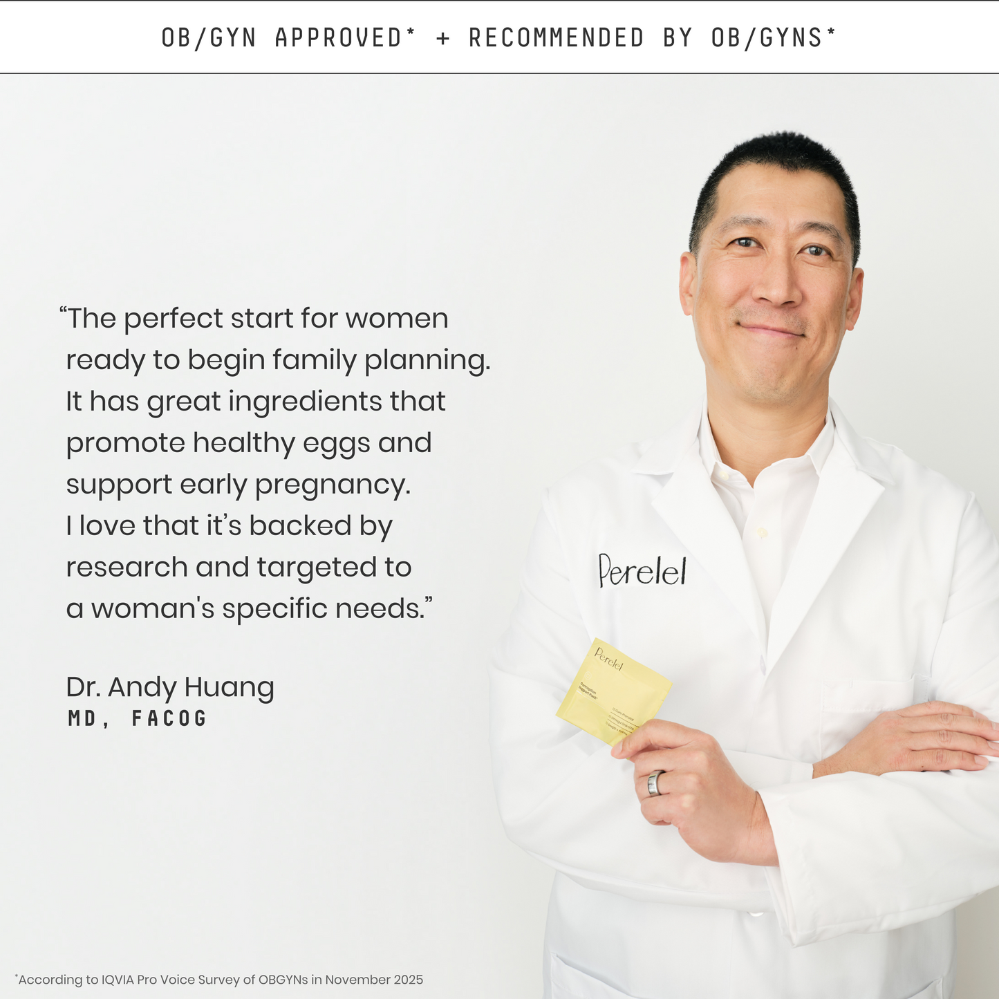 Man in a white coat holding a yellow pill sachet with text and branding.
