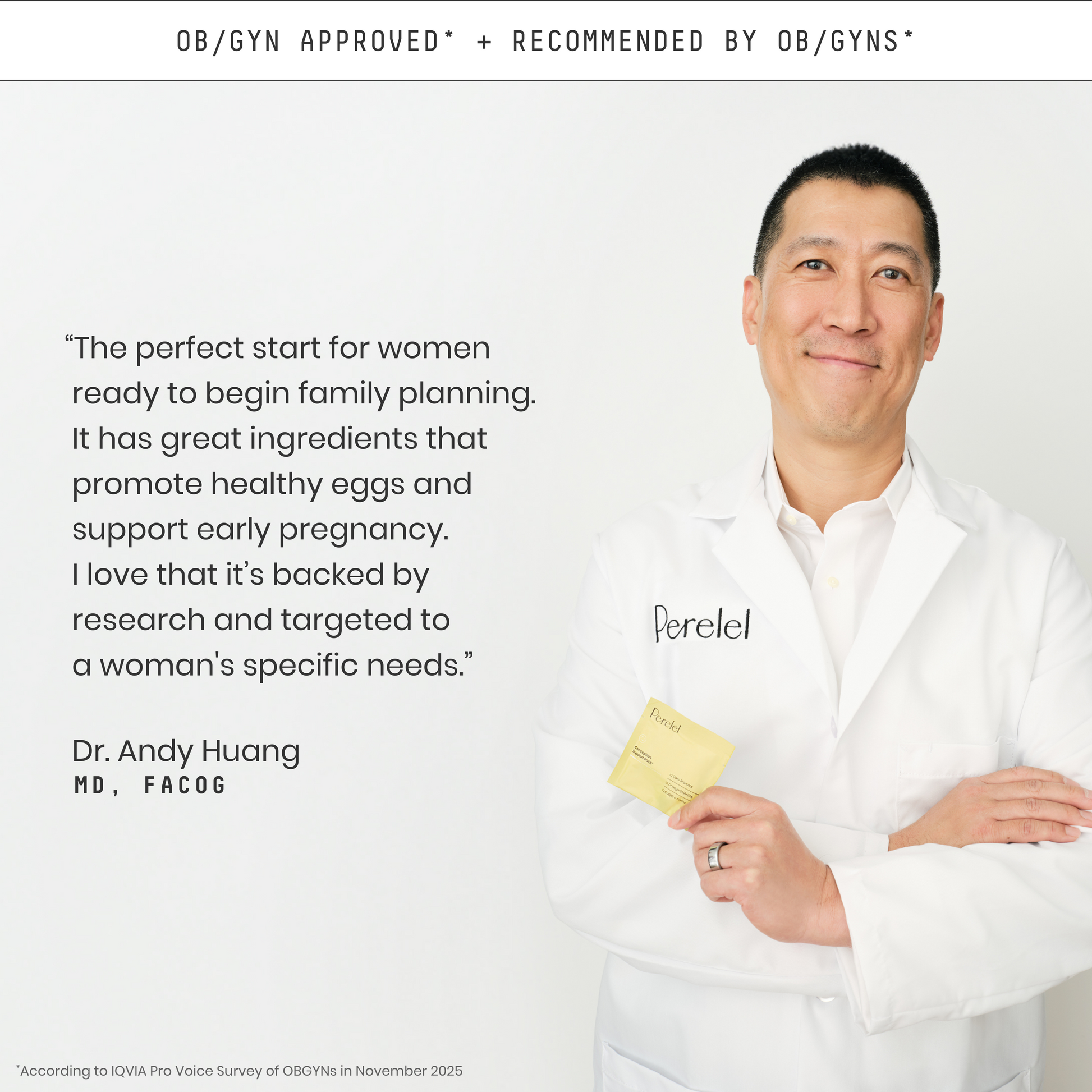 Man in a white coat holding a yellow pill sachet with text and branding.